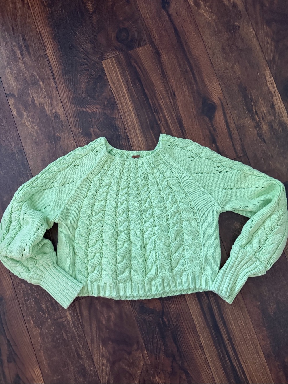 Free People Mint Green (neon) Cable Knit Scoop Neck Sweater- small blemish back